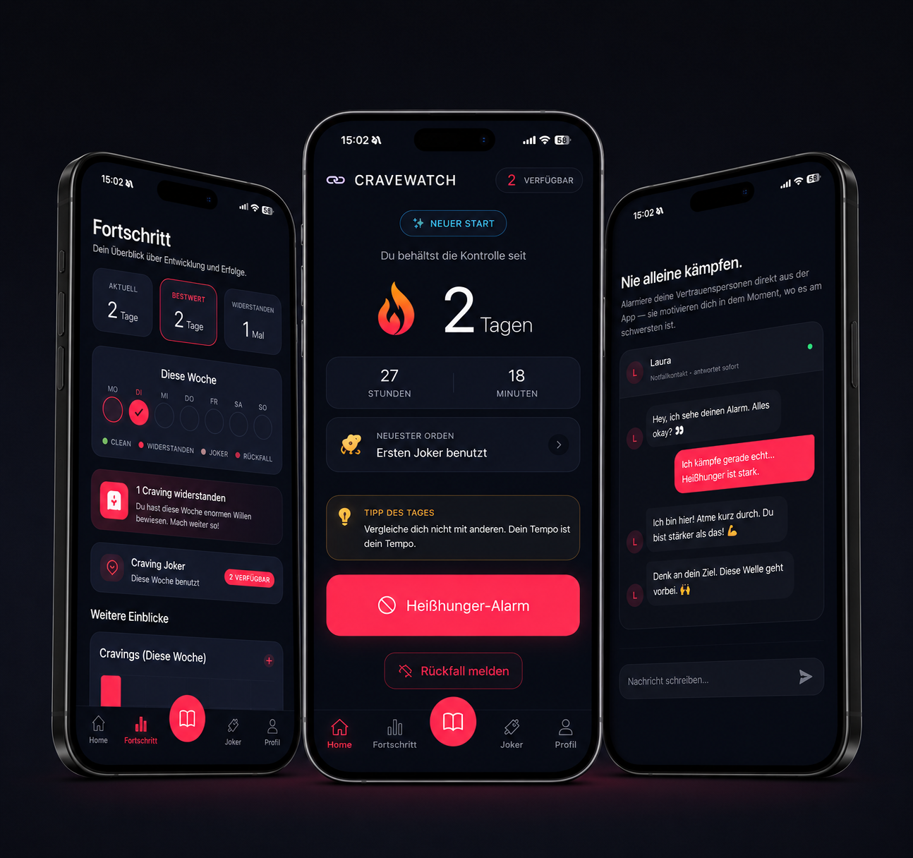 Cravewatch app on three iPhones — Progress, Emergency Mode, and Emergency Chat